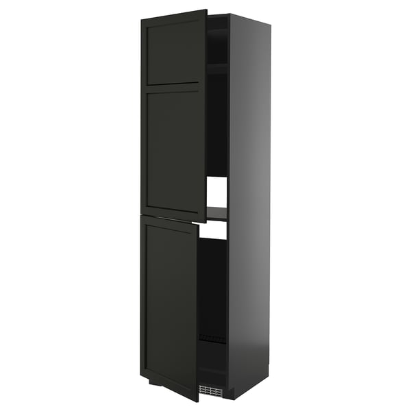 Tall black kitchen cabinet with two doors, sleek modern design, steel hinges, adjustable shelves.