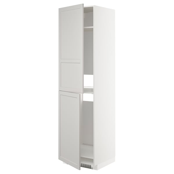 White METOD tall cabinet with two adjustable shelves, bevelled edges, solid birch frame, and birch veneer doors.