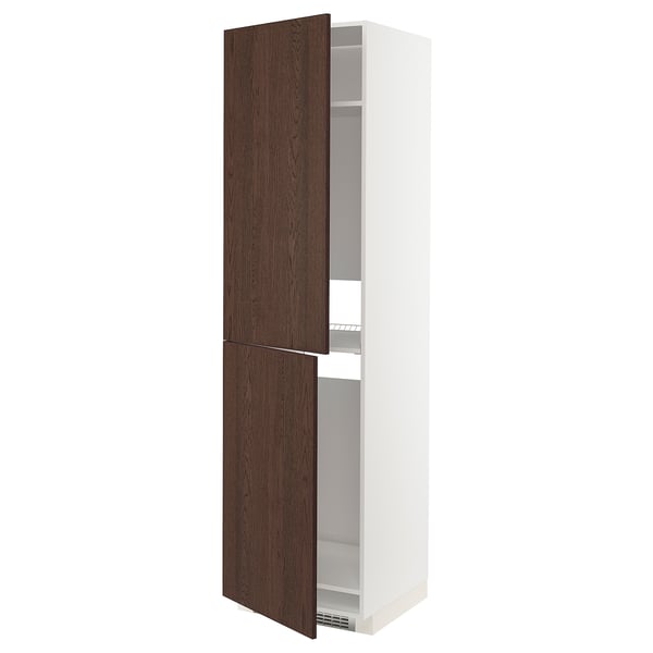 Ikea METOD kitchen unit. Tall white cabinet with dark brown oak doors. Two adjustable shelves.