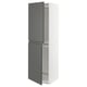 Modern tall kitchen cabinet in white and dark grey with sleek handles and adjustable shelves.