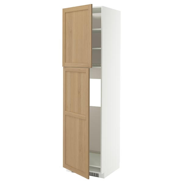 White METOD kitchen cabinet with oak doors, open and showing shelves.