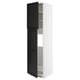 An ikea METOD white tall unit with black stained wood doors, featuring a modern design with adjustable shelves.