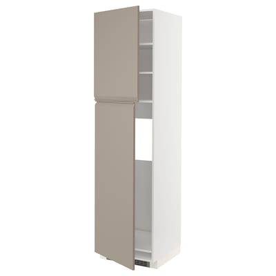 The ikea METOD kitchen cabinet in grey-beige with a modern, sleek design featuring a handle-free door and adjustable shelves.