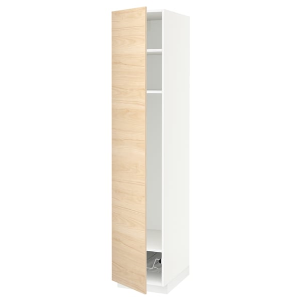 White tall storage cabinet with light wood door and adjustable shelf.