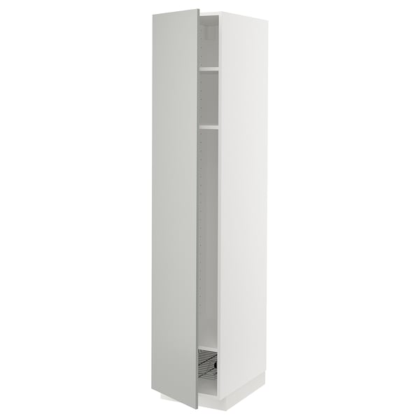 A METOD tall white cabinet with a light grey front, featuring shelves and a wire basket inside.