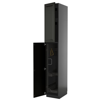 Black METOD kitchen cabinet with bodbyn fronts, beveled edges, and open door.