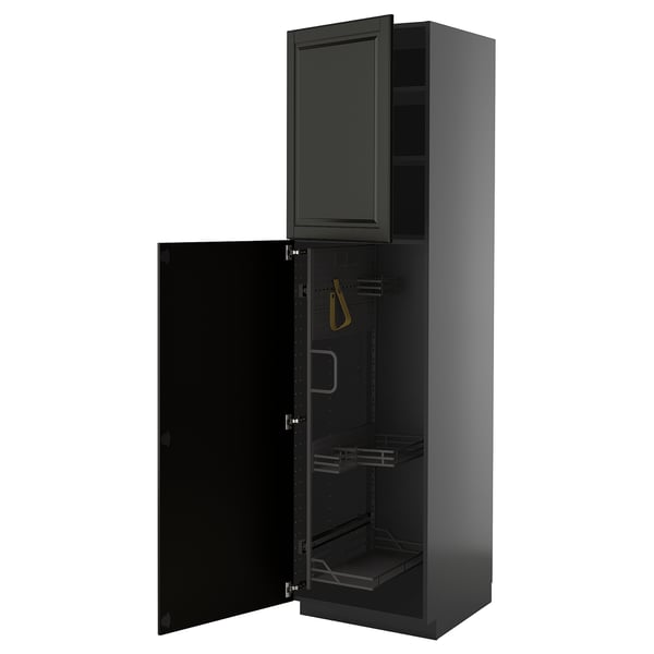 Black METOD kitchen cabinet with bevelled edges, glossy finish, one open door revealing pull-out shelves and an upper glass-door compartment.