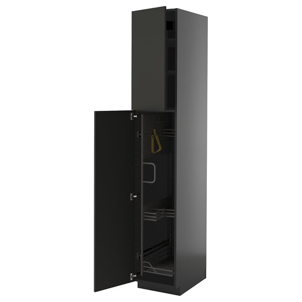 Black METOD tall cabinet with open door revealing shelves, nickel hinges and yellow handle.