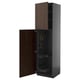 Modern tall storage cabinet with dark brown wood doors, open showing shelves and hanging accessory, sleek design.