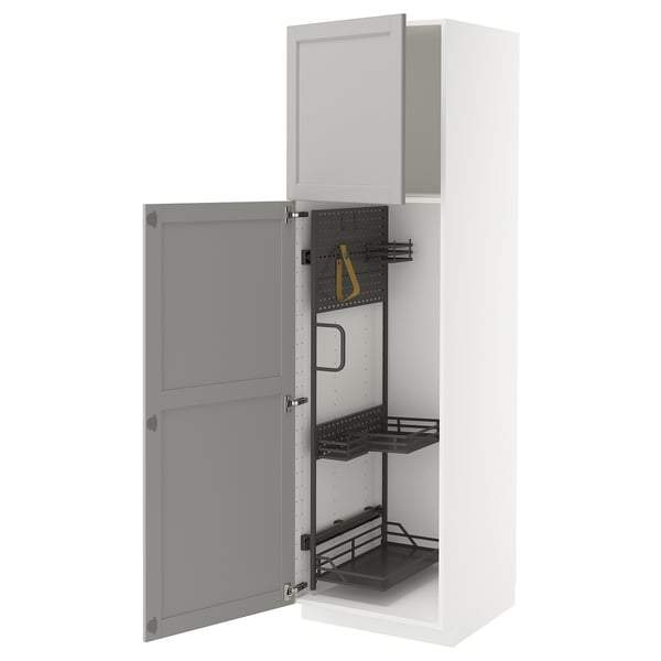 White METOD cabinet with open door and pull-out organisers.