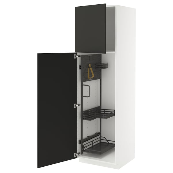 Modern white cabinet with black door and interior organizers, featuring pull-out shelves.
