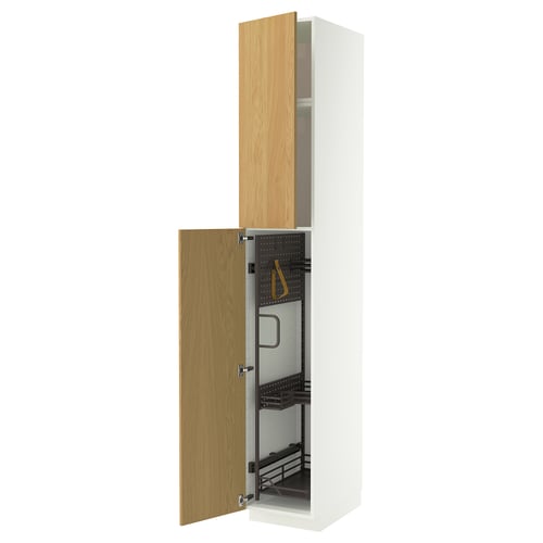 METOD High cabinet with cleaning interior, white/Sinarp oak veneer, 40x60x240 cm