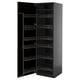 Black, tall kitchen cabinet with pull-out shelves, sleek modern design.