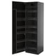 Black tall kitchen cabinet with multiple pull-out shelves and sleek design.