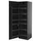 Modern black kitchen cabinet with multiple shelves, sleek design, and metallic pull-out racks.