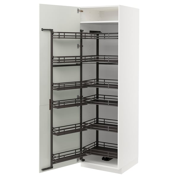 White kitchen cabinet with black pull-out shelves. Modern design, five tiers, sleek lines.