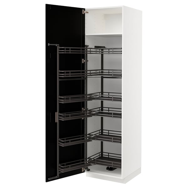 A white METOD kitchen cabinet with pull-out shelves and a black door. Its tall, rectangular, and sleek, designed for storage with an organized look.
