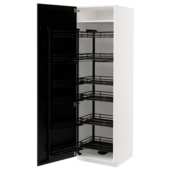 White METOD kitchen cabinet with black pull-out shelves, multiple storage levels, door slightly ajar.