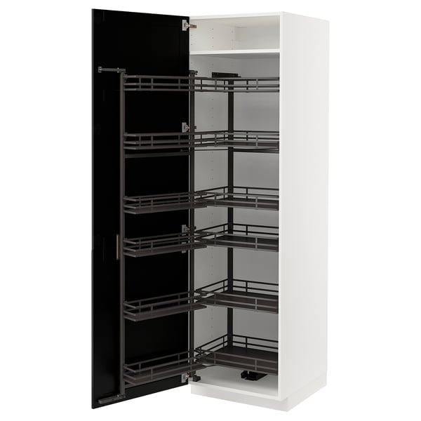 An open white METOD kitchen cabinet with black pull-out shelves. It multiple layers for storage and an organized design.