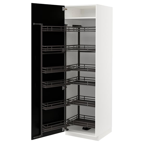 METOD storage cabinet, white, glossy. Pull-out racks, black-metal, square shelves.