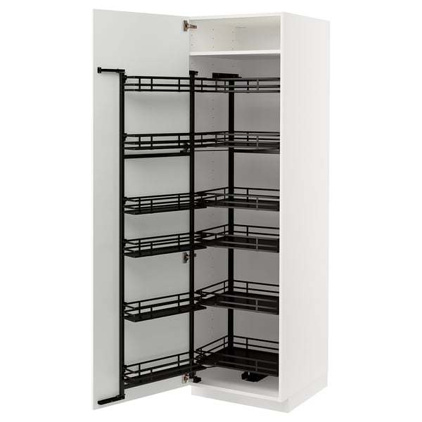 METOD white kitchen unit with pull-out spice racks, steel, rectangular, modern design.