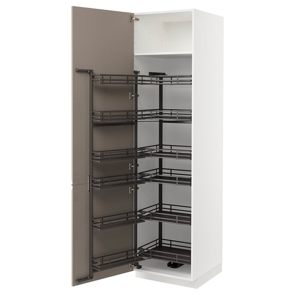 White METOD kitchen cabinet with pull-out black shelves.