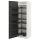 White and dark grey modern kitchen cabinet with multiple pull-out storage shelves, featuring sleek metal handles and a slim, rectangular shape.