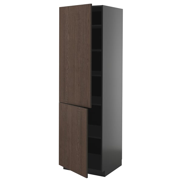 A dark brown and gray METOD kitchen cabinet with two wooden doors and adjustable shelves.
