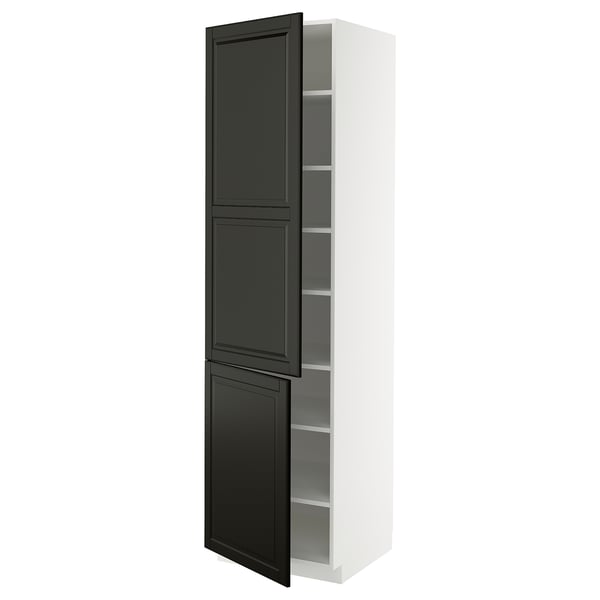 Modern tall black cabinet, sleek, with multiple shelves, white frame, shaker-style doors.