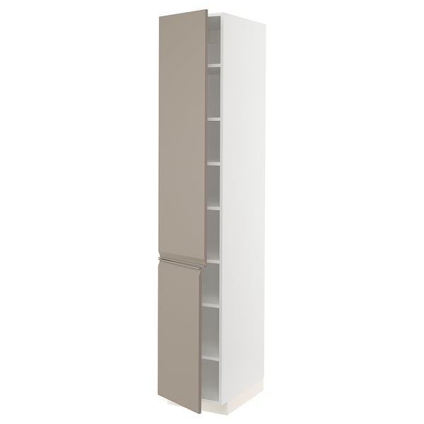 METOD tall kitchen cabinet, beige, white frame, adjustable shelves, modern design.