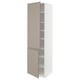 A modern, tall white cabinet with grey-beige doors featuring a sleek, integrated handle and adjustable shelves.