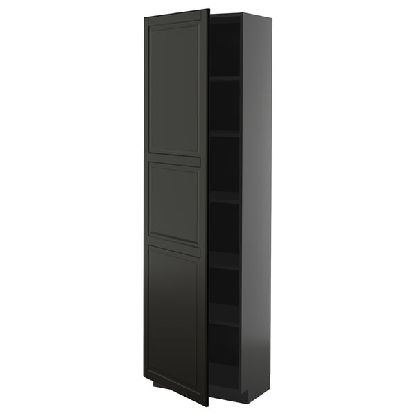 Black METOD cabinet, tall, rectangular, with multiple shelves, sleek design.