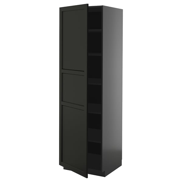 METOD black cabinet, tall, squared, ash wood, dark stained, adjustable shelves.