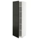 Modern tall white cabinet with black doors, featuring beveled edges and adjustable shelves.