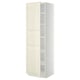 White METOD kitchen cabinet with off-white bodbyn doors, adjustable shelves, beveled edges. Tall, rectangular, simple design.