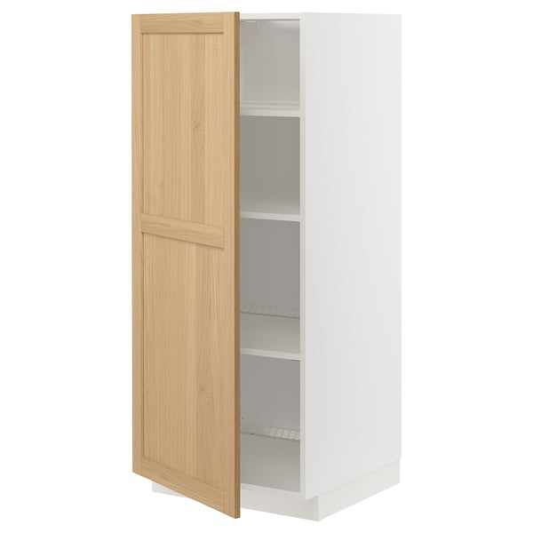 METOD kitchen cabinet with oak door open, white interior, adjustable shelves.