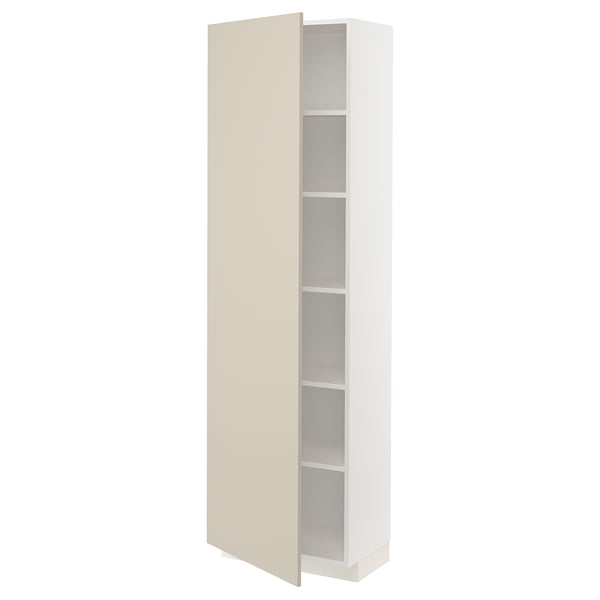 METOD white cabinet with beige door; tall, rectangular, adjustable shelves.