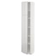 White high gloss kitchen cabinet; tall, rectangular, adjustable shelves.