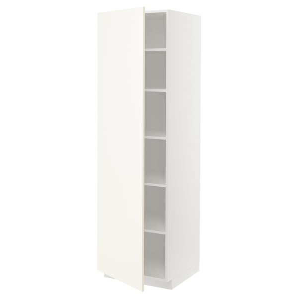 White ikea METOD kitchen cabinet with open door and shelves.