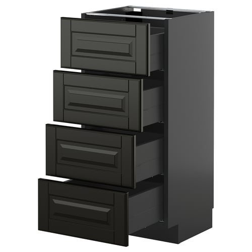 Black METOD kitchen drawers, modern design, four pull-out drawers with bevelled edges.