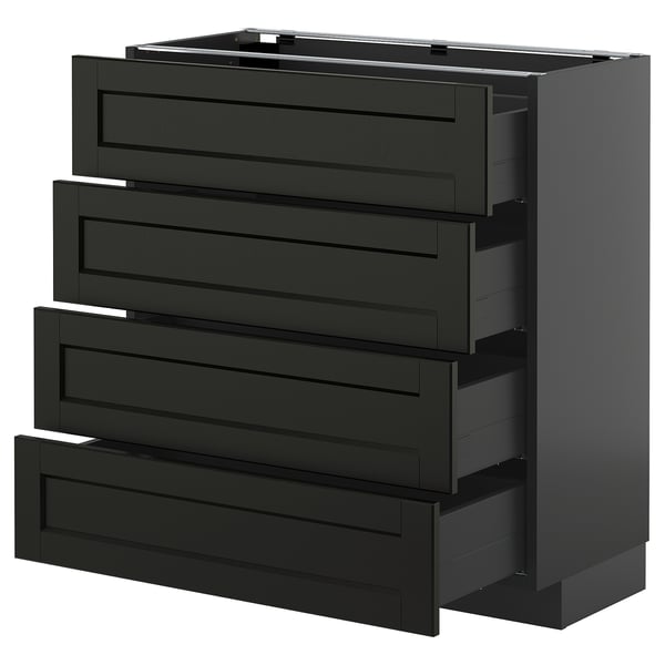 Black ikea METOD kitchen unit with 4 dark wood drawers.