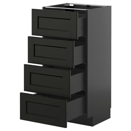 A black METOD kitchen cabinet with four open drawers made of wood and dark stainless steel handles, presenting a sleek traditional design.