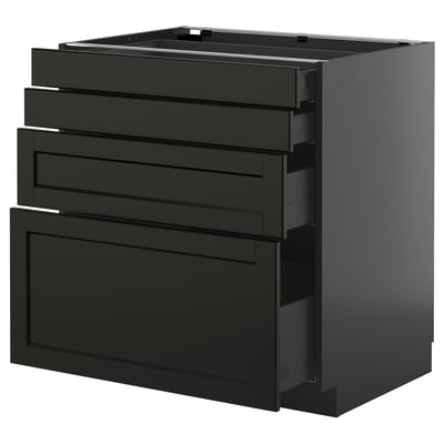 Black kitchen unit with drawers, sleek design.