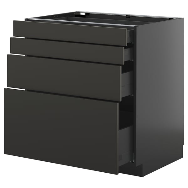 Modern black kitchen cabinet with three drawers and sleek design.