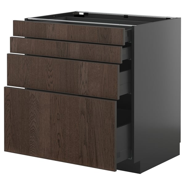Modern dark brown wooden kitchen cabinet with four drawers, sleek black frame, organized drawers.