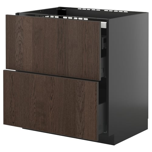 Modern METOD kitchen unit with dark brown sinarp wood drawers.
