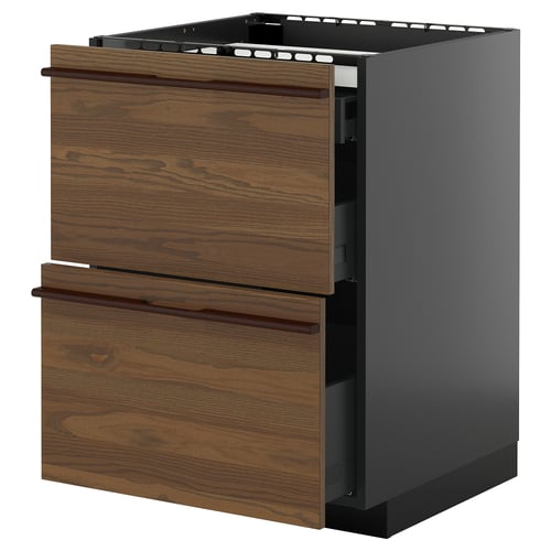 Dark brown wooden drawer fronts on grey kitchen cabinet unit.