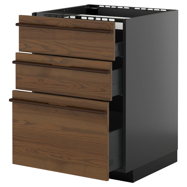 This is a METOD kitchen cabinet in dark brown with four wooden drawers and black frame. The drawers have wooden handles.