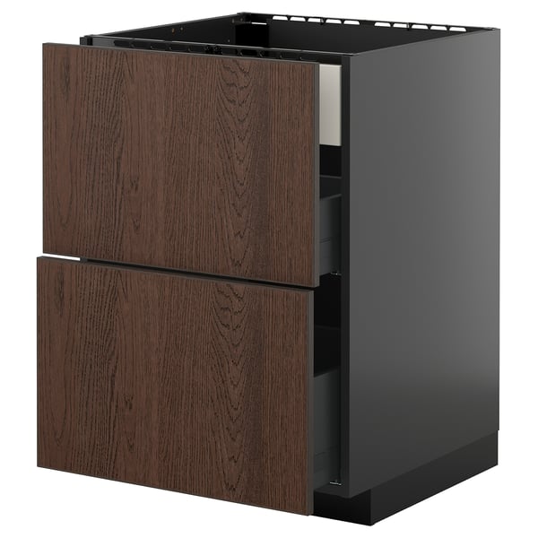 Dark brown wooden kitchen cabinet with two drawers and one open shelf.