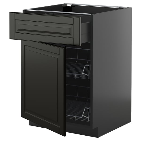 Modern black kitchen unit with bevelled edges, metal baskets, and smooth drawer, METOD series.